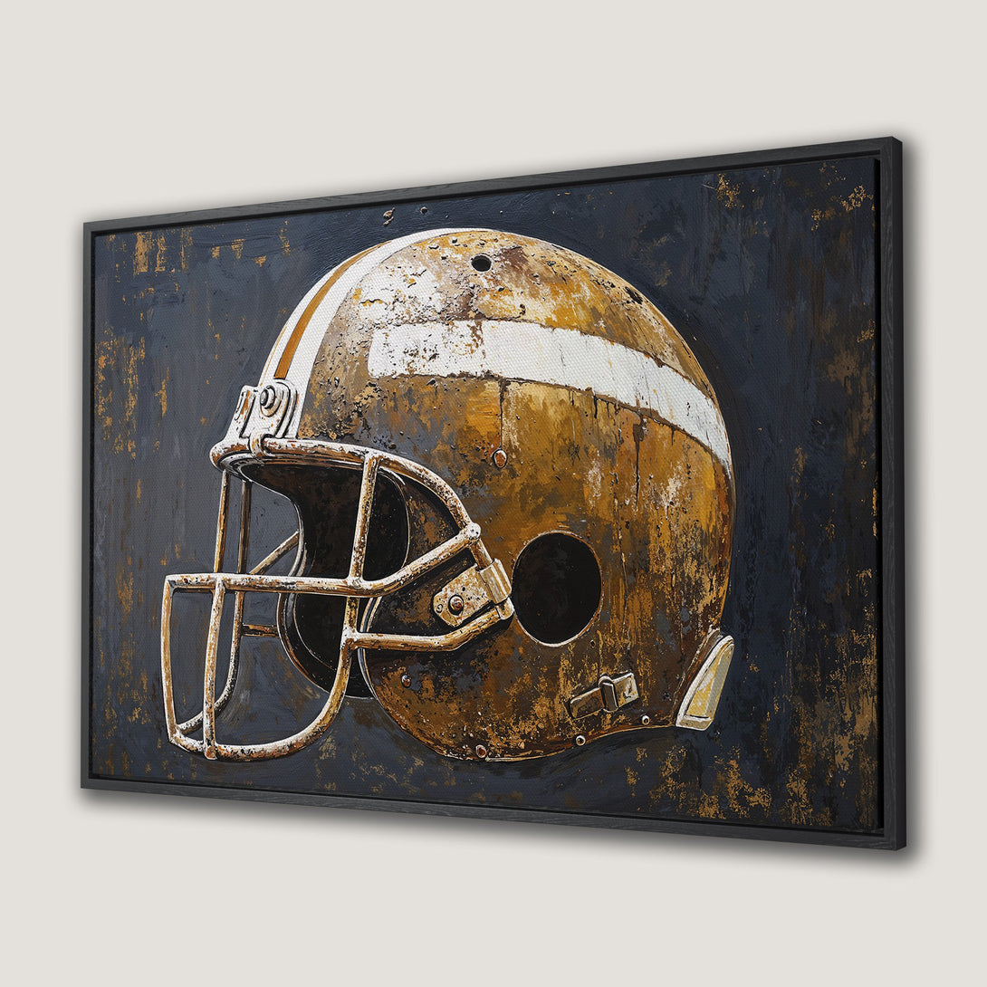 Framed Wall Art: Abstract football helmet canvas print. Rustic style with a moody color palette of navy, gold, and brown. Perfect for sports fans.