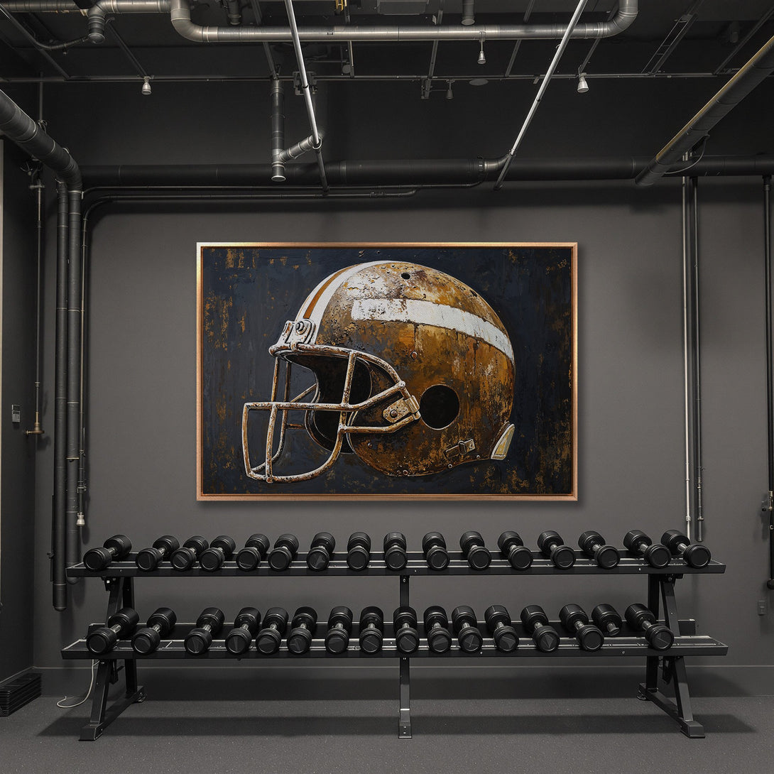 Framed Wall Art: Rustic football helmet canvas print with a bronze frame. Earthy tones and industrial style create a bold statement piece for any space.