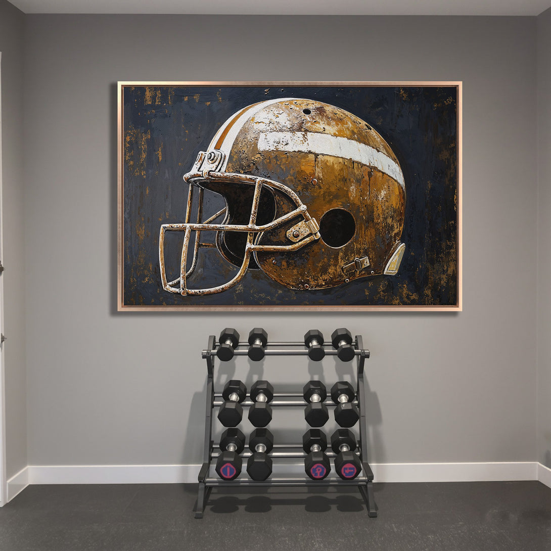 Framed Wall Art: Rustic football helmet on canvas. Abstract style with a warm, earthy color palette. Perfect for sports fans!
