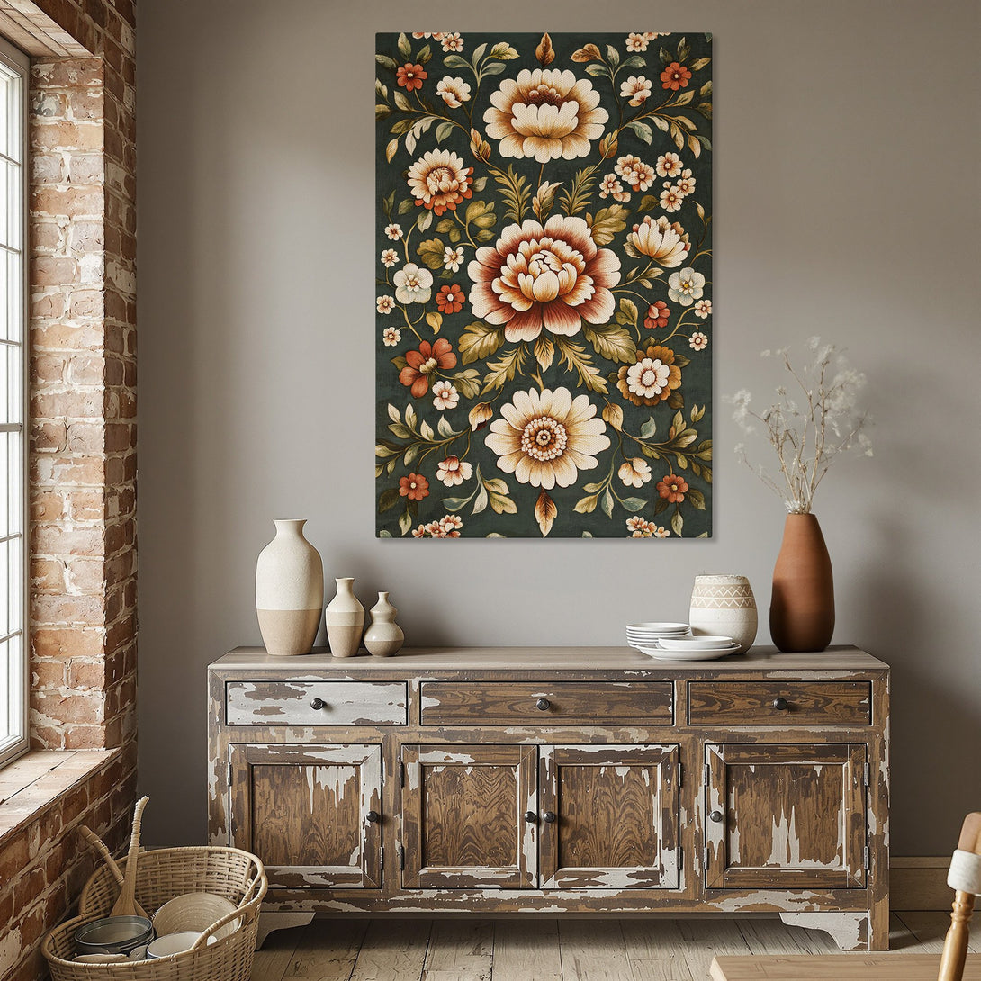 Framed Wall Art featuring a floral design in a botanical style. Rich, warm color palette with greens, oranges, and creams. Perfect for adding elegance to any space.