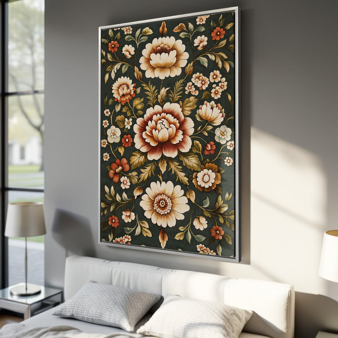 Framed Wall Art: Floral print canvas in a bedroom. Features a botanical design with a dark green background and warm, earthy tones. Enhance your space!