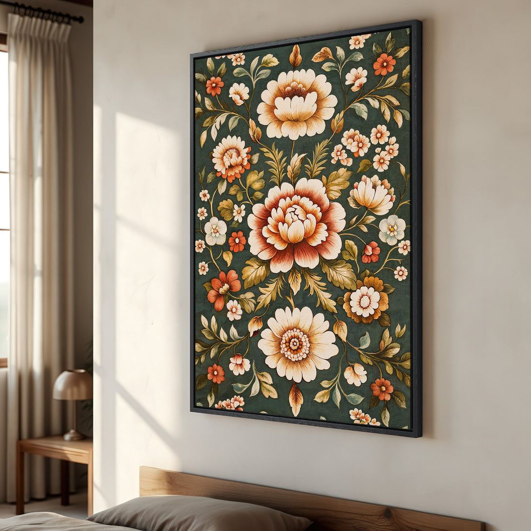 Framed Wall Art: Floral Canvas Print with a vintage style, featuring a dark green background and warm orange and cream tones. Perfect for bedroom decor.