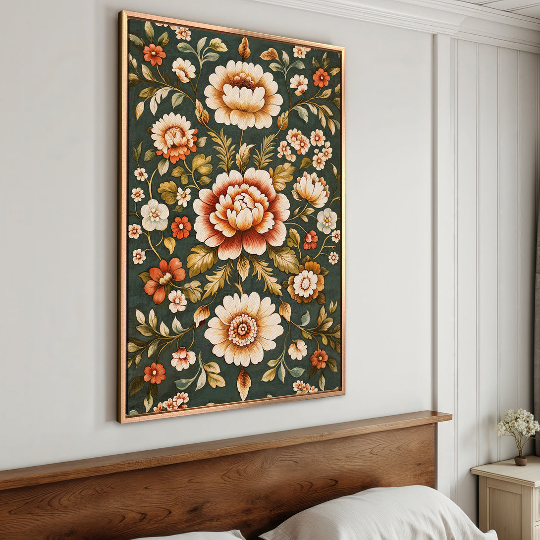 Framed Wall Art: Floral Canvas Print in a bedroom. Features a dark green background with large flowers in orange, cream, and gold hues. Perfect for adding a touch of elegance.
