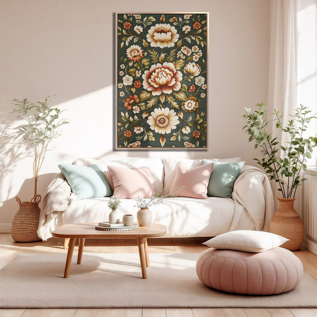 Framed Wall Art featuring a floral design in a vintage style. Earthy color palette with greens, oranges, and creams, displayed in a cozy living room setting.
