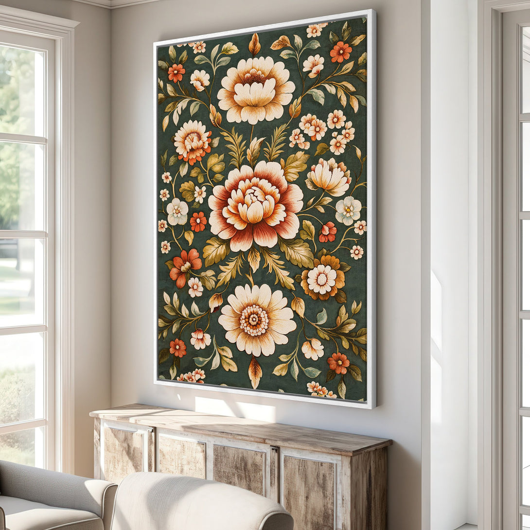 Framed Wall Art featuring a floral pattern in a vintage style. Earthy tones of green, orange, and cream create a warm, inviting aesthetic.