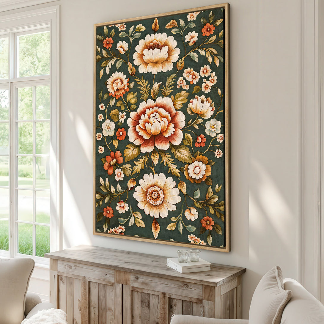 Framed Wall Art featuring a floral design in a vintage style with a dark green, orange, and cream color palette, perfect for adding a touch of elegance.