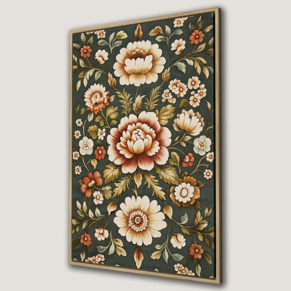 Framed Wall Art featuring a vintage floral design with a dark green background, cream, orange, and brown flowers. Perfect for adding elegance to your home.