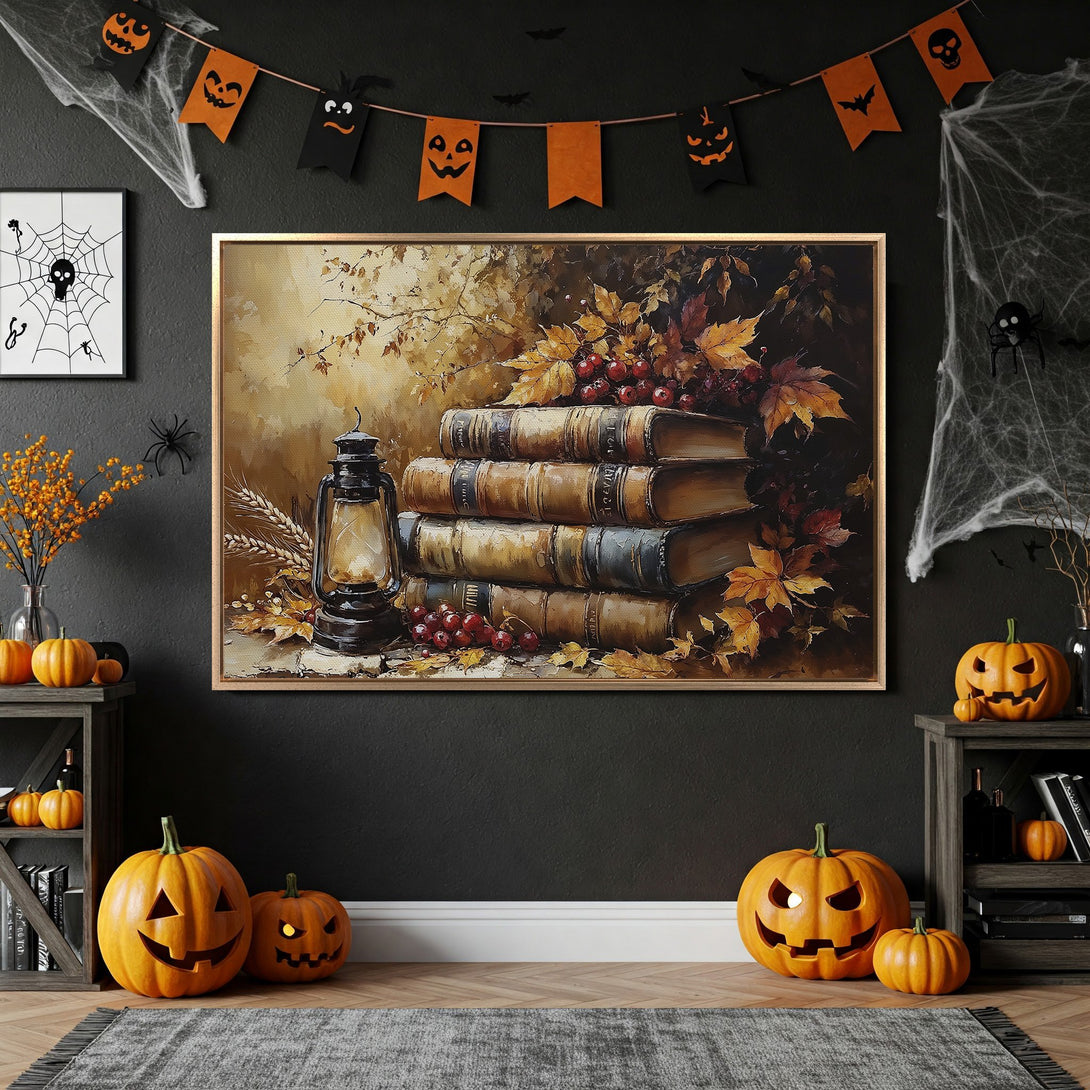 Framed Wall Art featuring a still life of books, lantern, and foliage in a warm, autumnal color palette, perfect for Halloween decor.