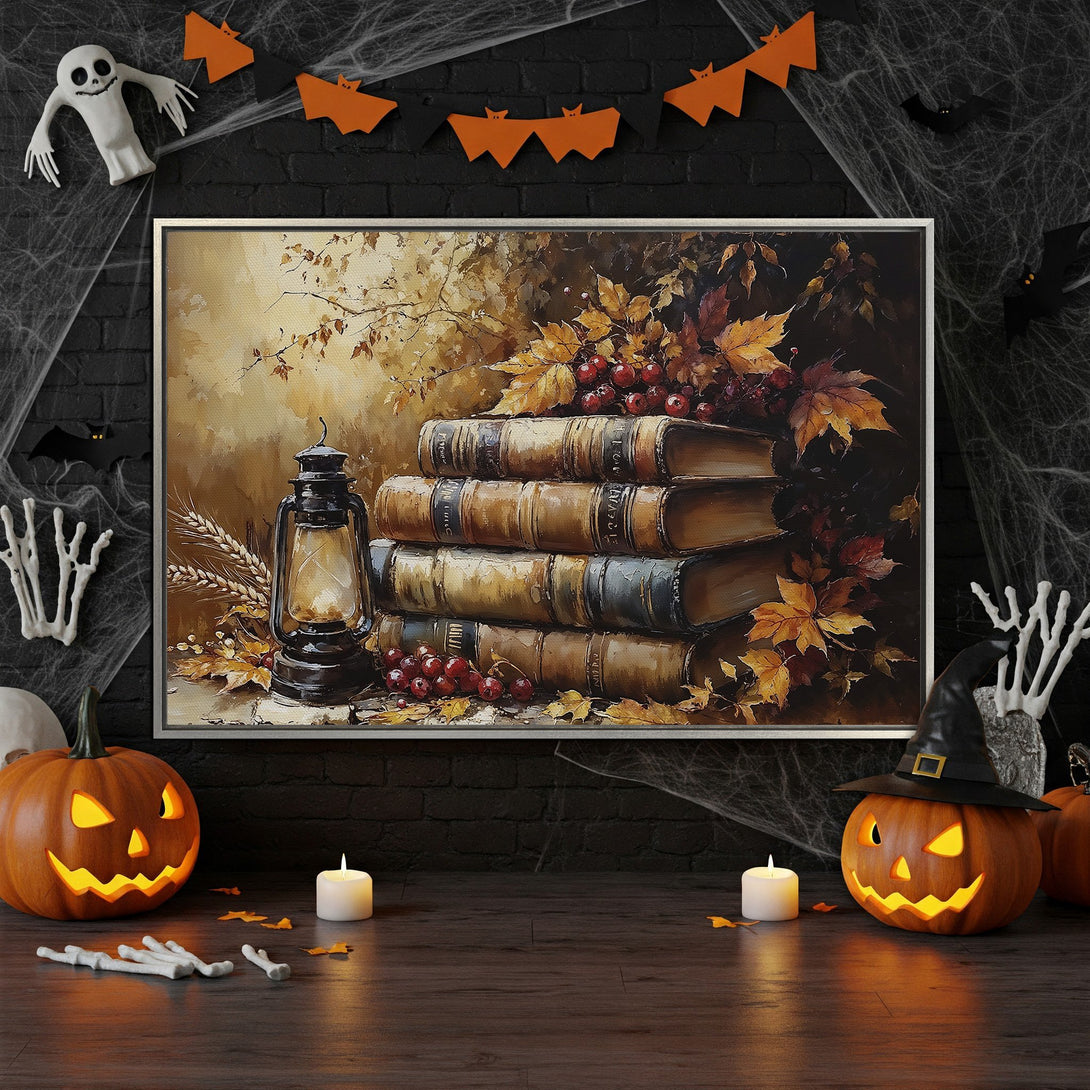 Framed Wall Art featuring a vintage still life with books, lantern, and autumn leaves in warm, earthy tones. Perfect Halloween decor!