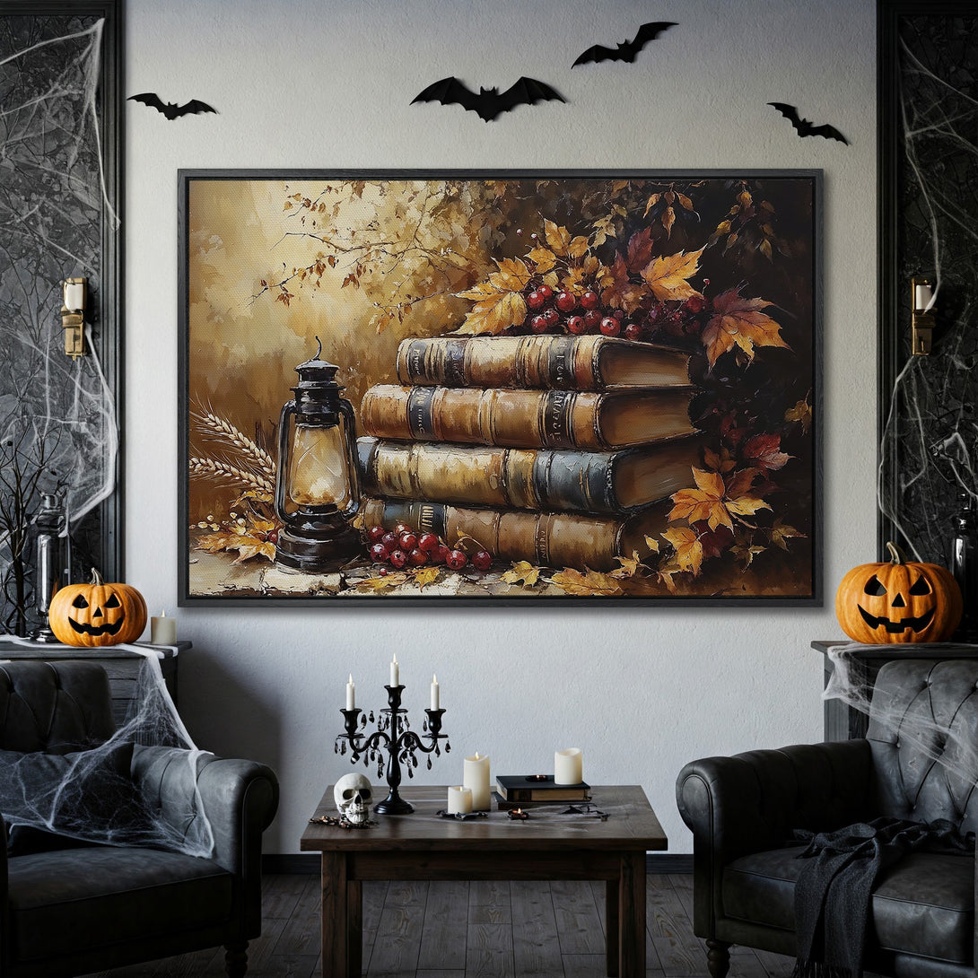 Framed Wall Art: Autumn-themed canvas print with books, leaves, and warm color palette. Perfect for fall decor!