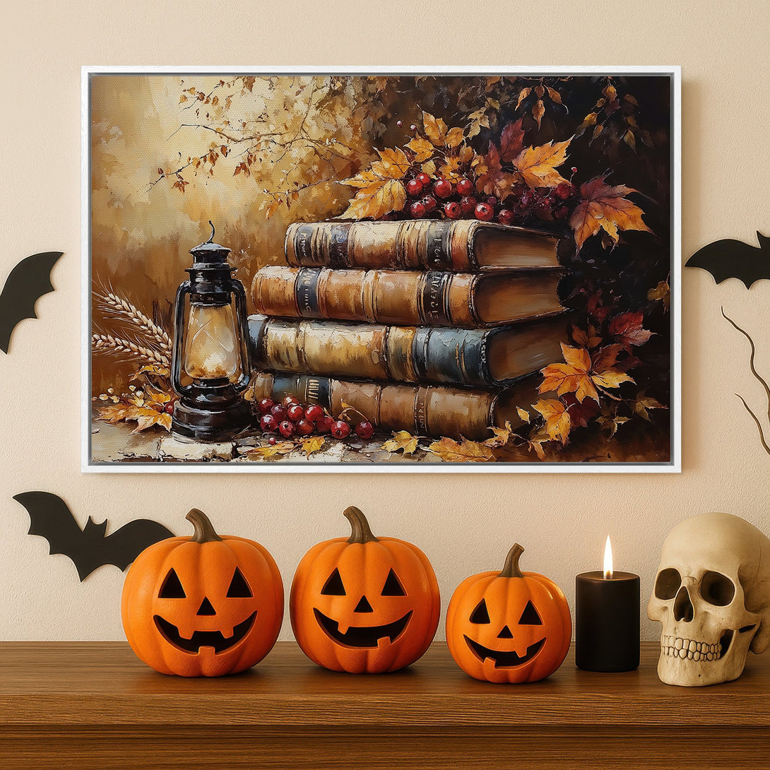 Framed Wall Art: Autumn still life canvas print with books, leaves, and lantern in warm tones. Perfect fall decor for a cozy home.
