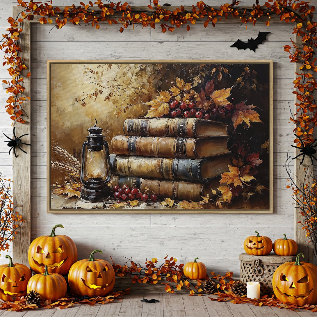 Framed Wall Art: Autumn still life Canvas Print with books, lantern, leaves, and warm, earthy tones. Perfect fall decor.