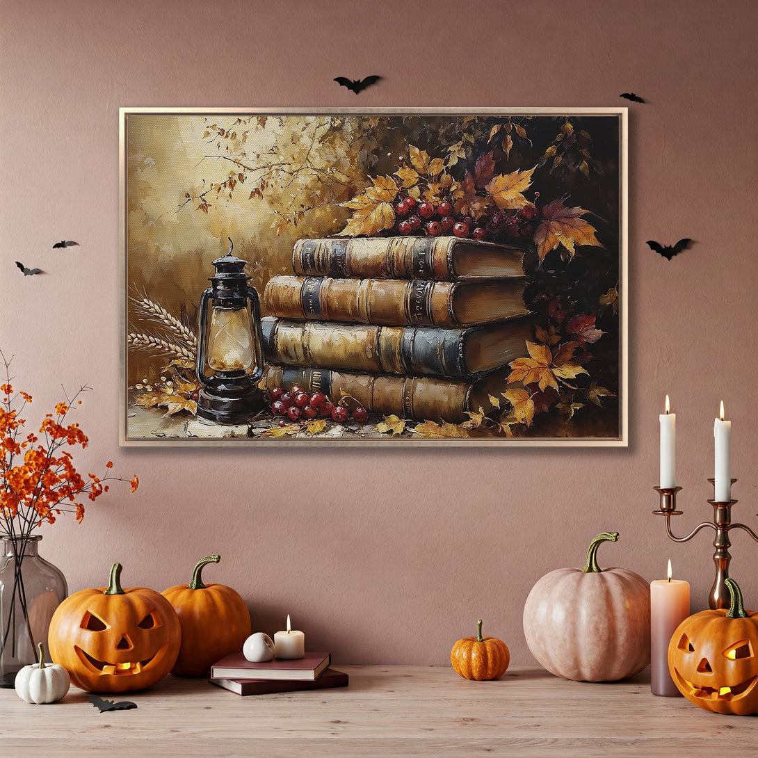 Framed Wall Art: Autumnal still life Canvas Print with books, lantern, and fall foliage in warm, inviting tones. Perfect for Halloween decor!