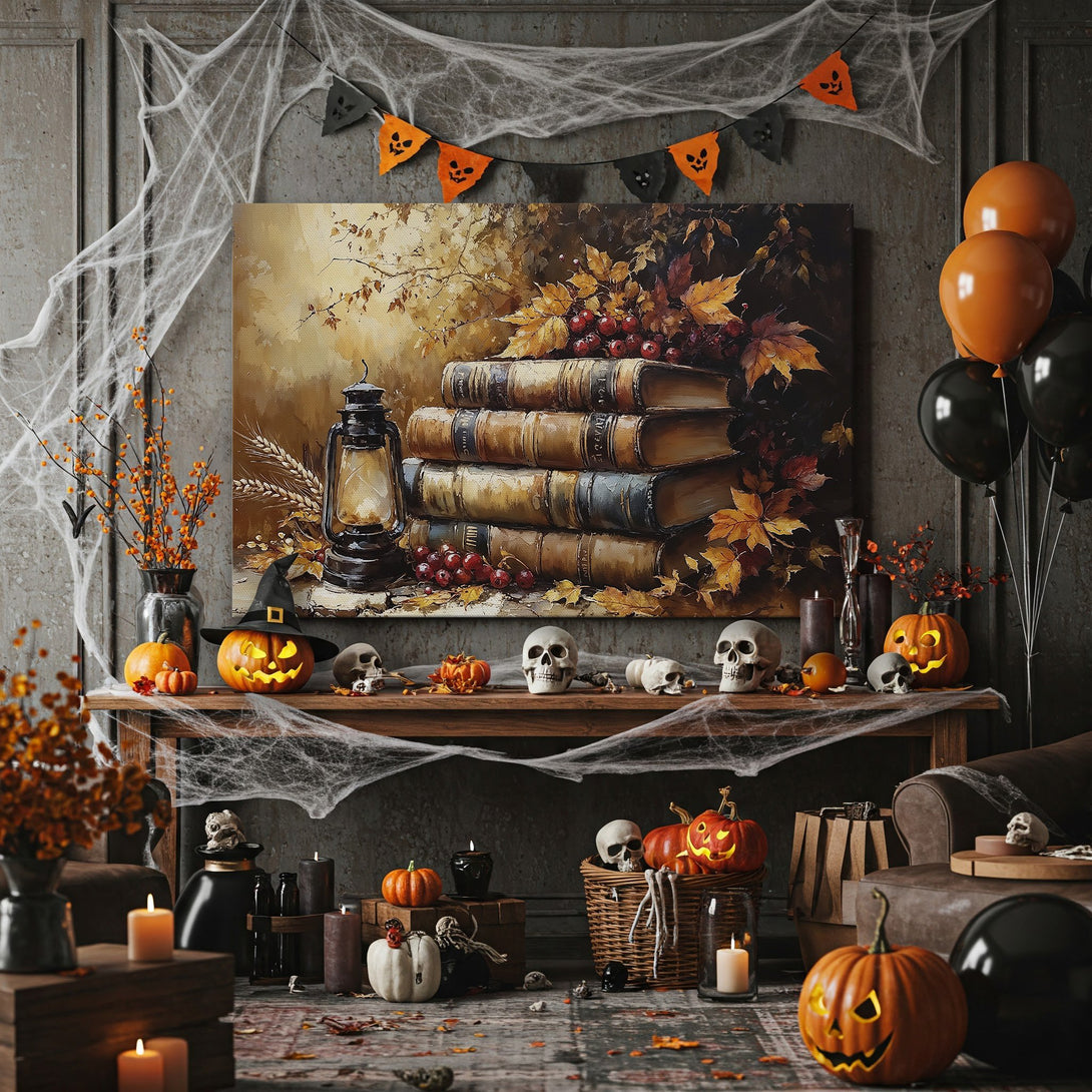 Framed Wall Art: Autumn still life canvas print with books, lantern, and fall leaves. Warm earth tones create a cozy, seasonal aesthetic.