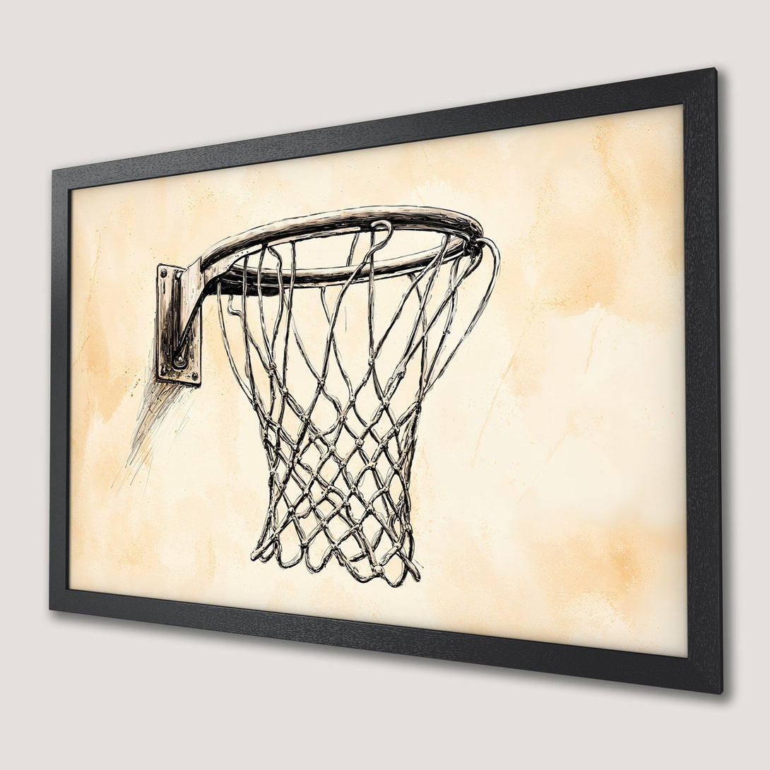 Framed Poster of a basketball hoop in a sketch style with a neutral color palette. Perfect wall art for sports fans!