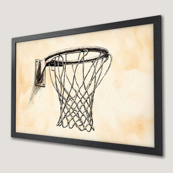 Framed Poster of a basketball hoop in a sketch style with a neutral color palette. Perfect wall art for sports fans!