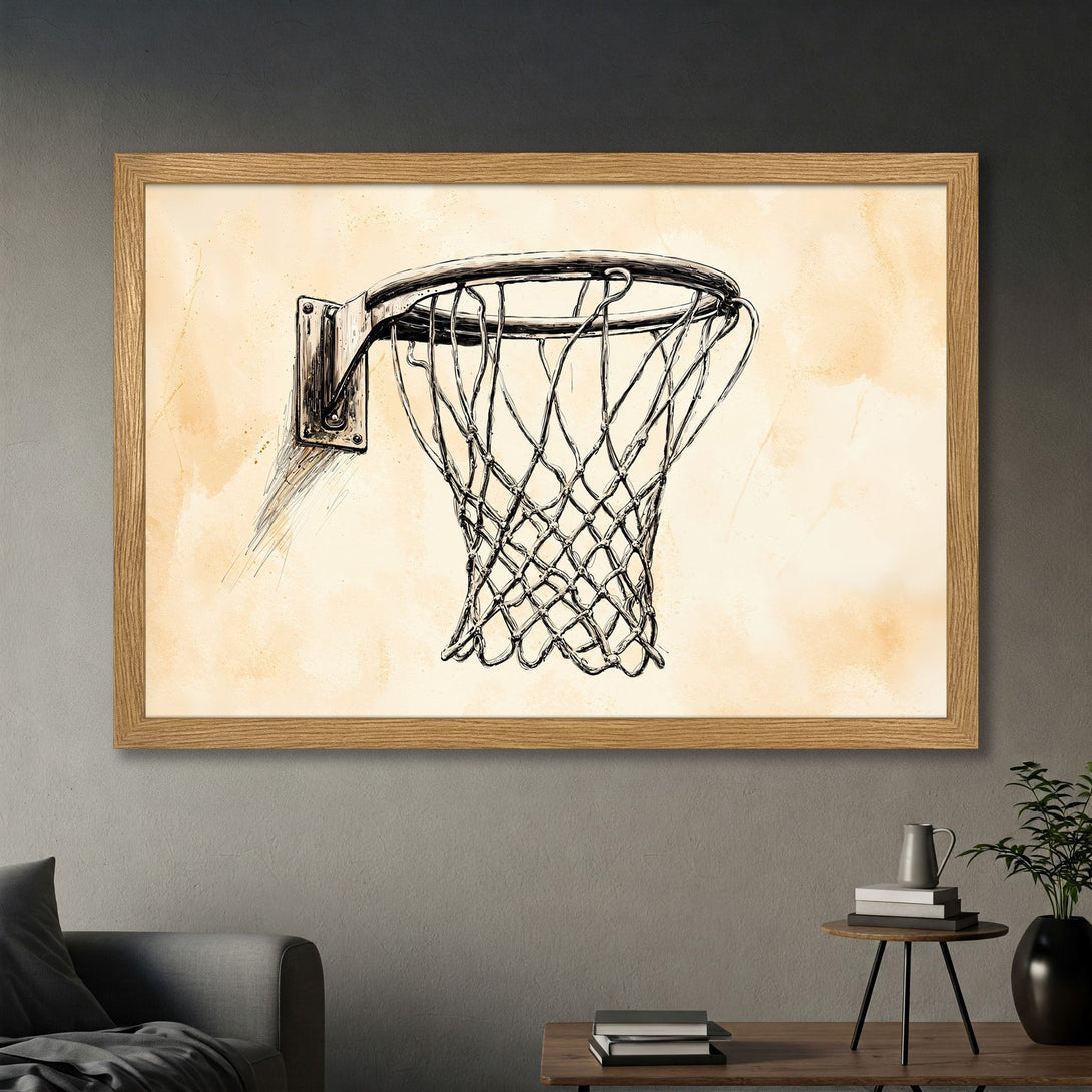 Framed Poster featuring a basketball hoop illustration in a vintage sketch style with a neutral, warm color palette. Perfect wall art for sports fans!