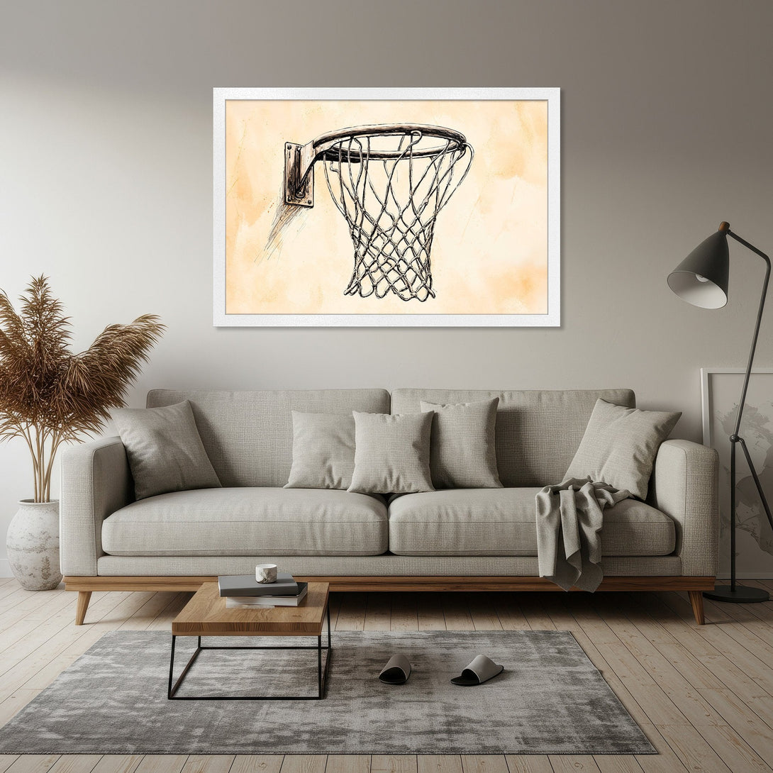 Framed Poster of a basketball net, sketch style art with neutral color palette. Perfect for home decor!