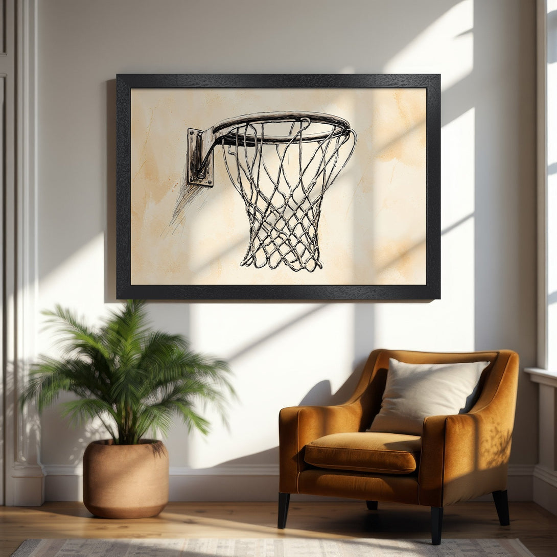 Framed Poster of basketball hoop sketch in neutral tones, perfect for modern home decor. Shop now!
