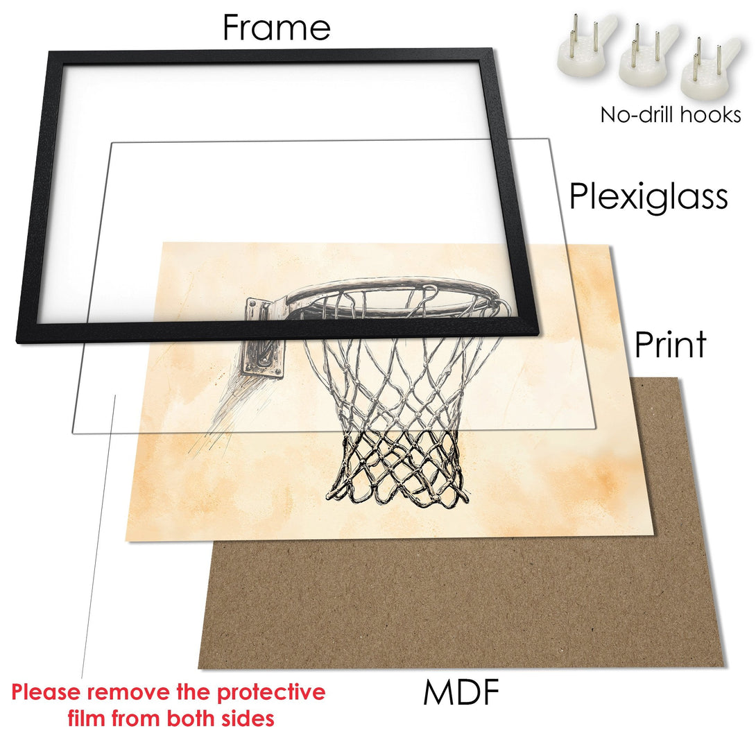 Framed Poster of a basketball hoop sketch, neutral tones. Perfect wall art for sports fans! Easy to hang with included hooks.