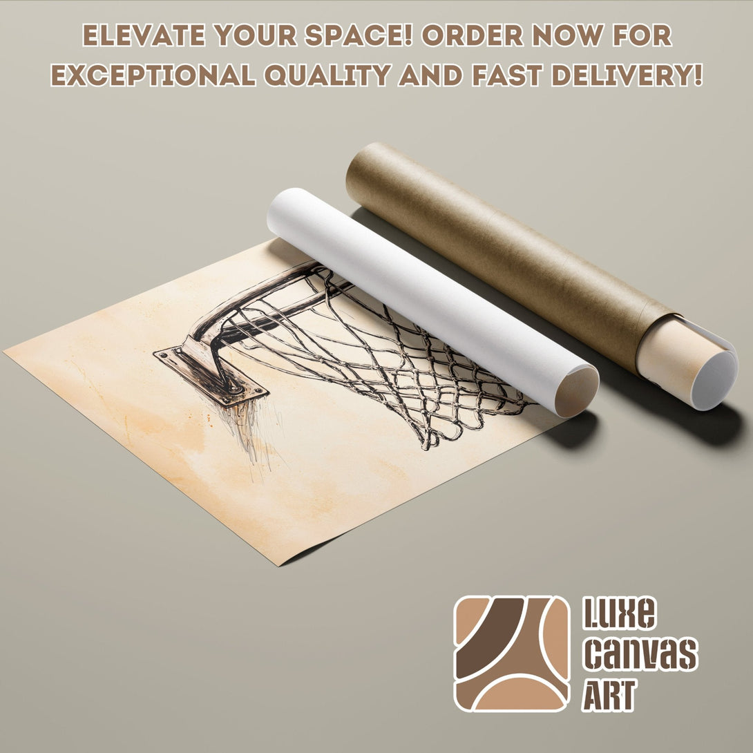 Basketball net sketch poster roll, neutral tones. Elevate your space with Luxe Canvas Art!