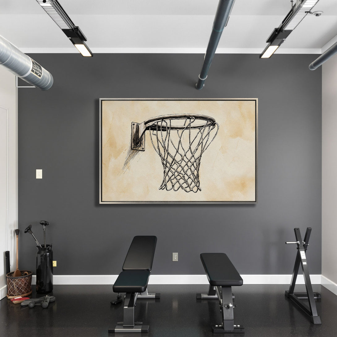 Framed Wall Art: Basketball hoop sketch on canvas. Modern, minimalist style with neutral beige and gray tones. Perfect for home gym decor.