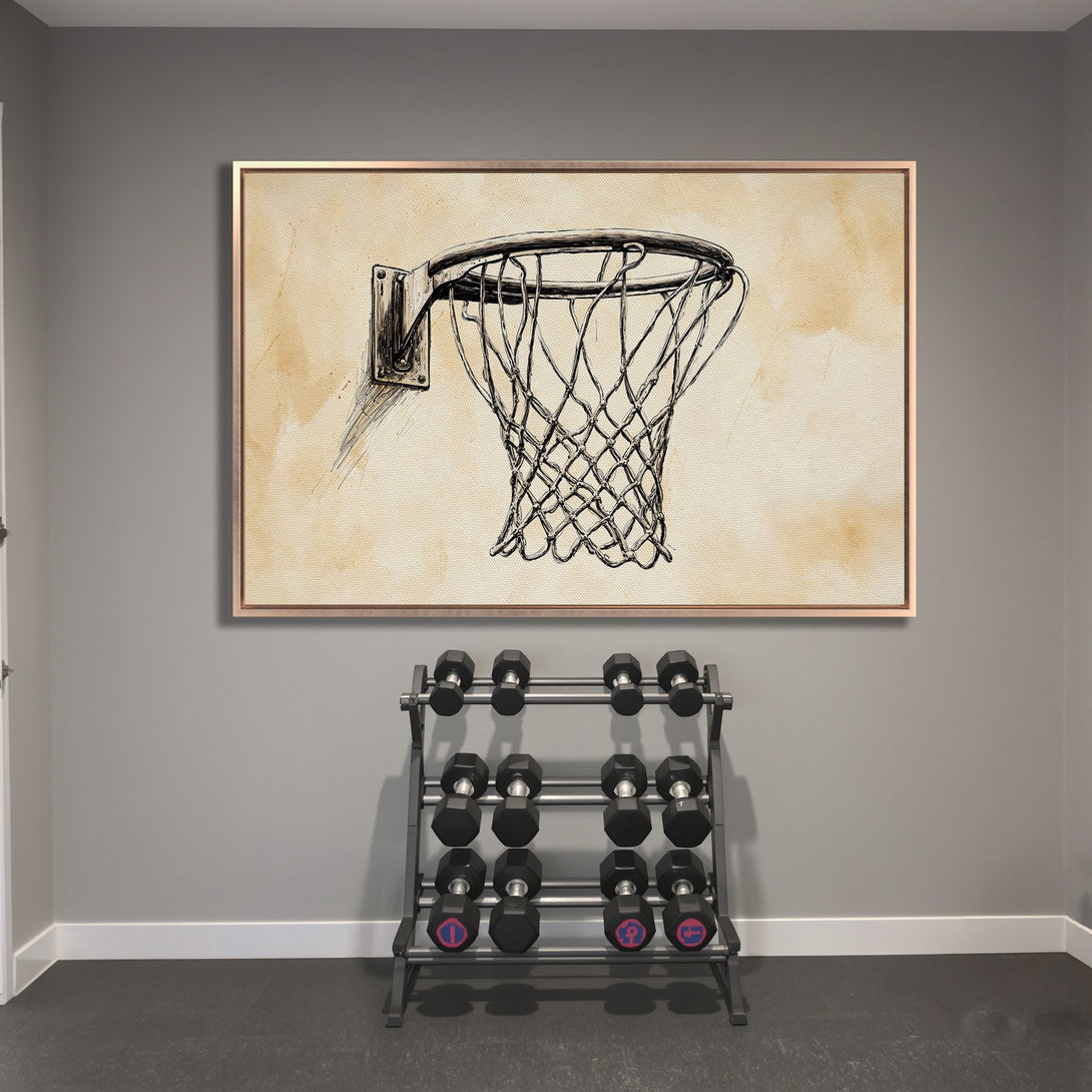 Framed Wall Art: Basketball hoop sketch in neutral tones. Perfect for gym decor or sports-themed spaces. Adds a touch of art and style.