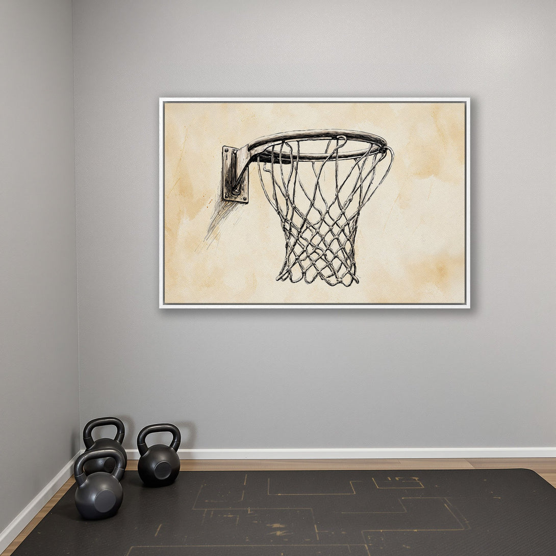 Framed Wall Art: Basketball hoop sketch on canvas, neutral beige & black color palette. Perfect for gym decor or sports-themed spaces.