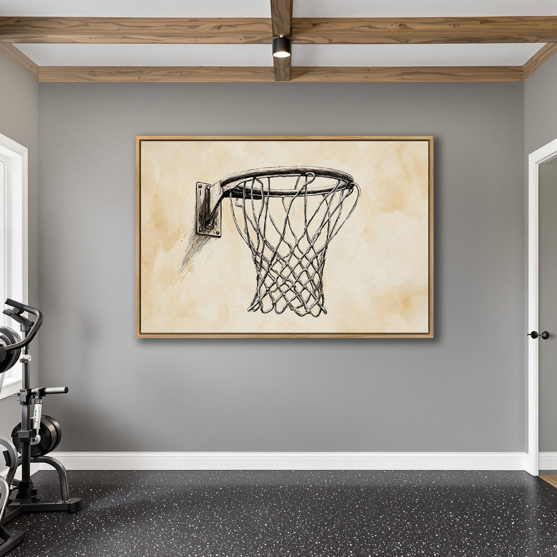 Framed Wall Art: Basketball hoop sketch in neutral tones. Modern art for your home gym. Black and beige color palette. Elevate your space!