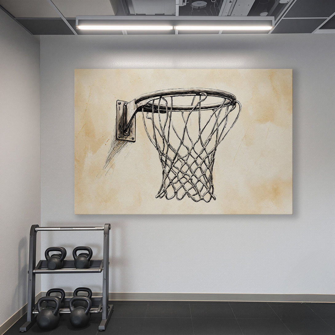 Framed Wall Art: Basketball hoop sketch in a modern gym. Neutral tones on a beige canvas, contrasted by a vibrant teal wall. Perfect for sports enthusiasts!