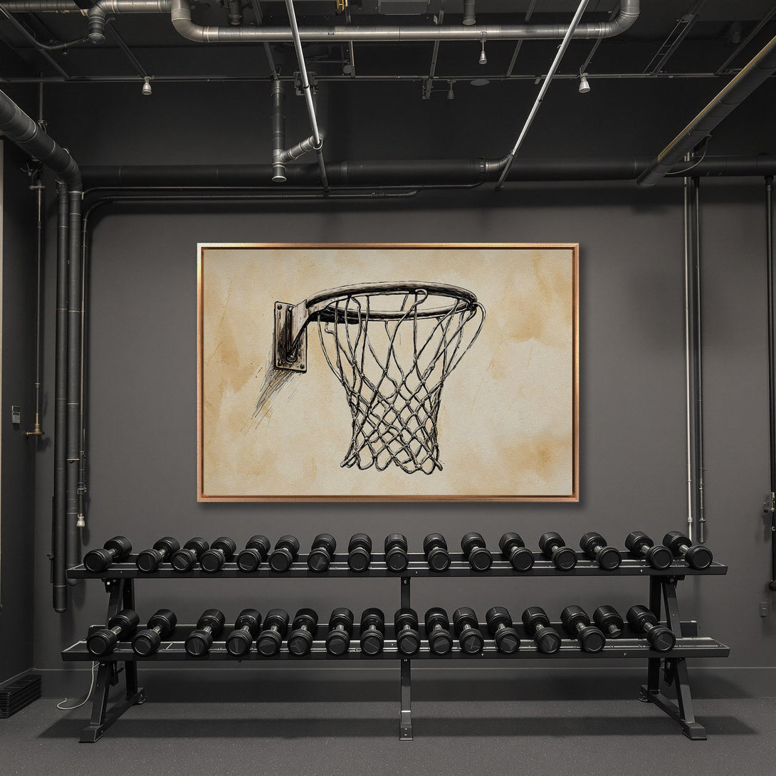 Framed Wall Art: Basketball hoop sketch canvas print in a modern gym setting. Neutral color palette with black and tan tones. Elevate your space with art!