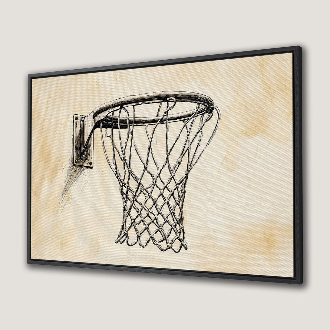 Framed Wall Art: Basketball hoop sketch in neutral tones. Perfect wall decor for sports fans! Adds a touch of modern art to any space.