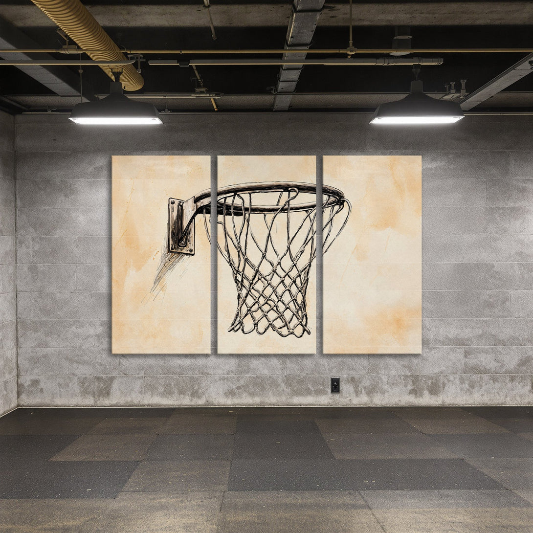 Canvas Print of a basketball hoop sketch, neutral color palette. Modern wall art for sports fans.