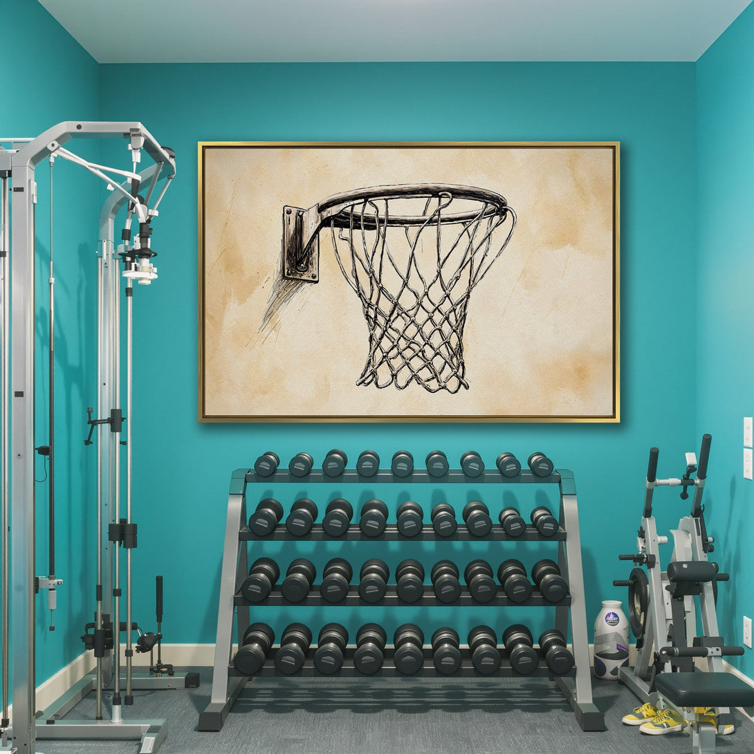 Canvas Print of a basketball hoop sketch in a neutral color palette, perfect wall art for a modern gym or sports-themed space.