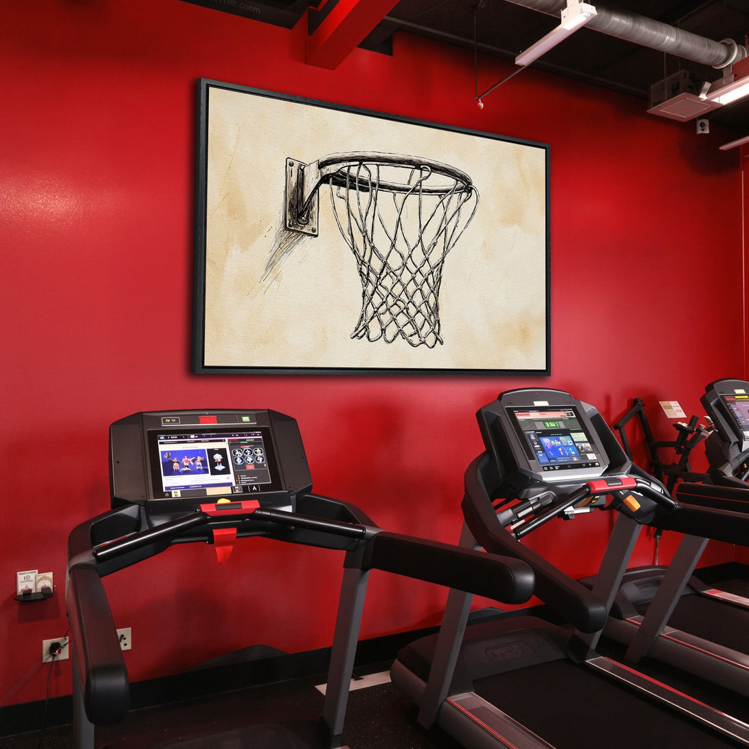 Framed Wall Art: Basketball hoop sketch in a gym setting. Neutral tones on a canvas print against a vibrant red wall. Perfect for sports fans!