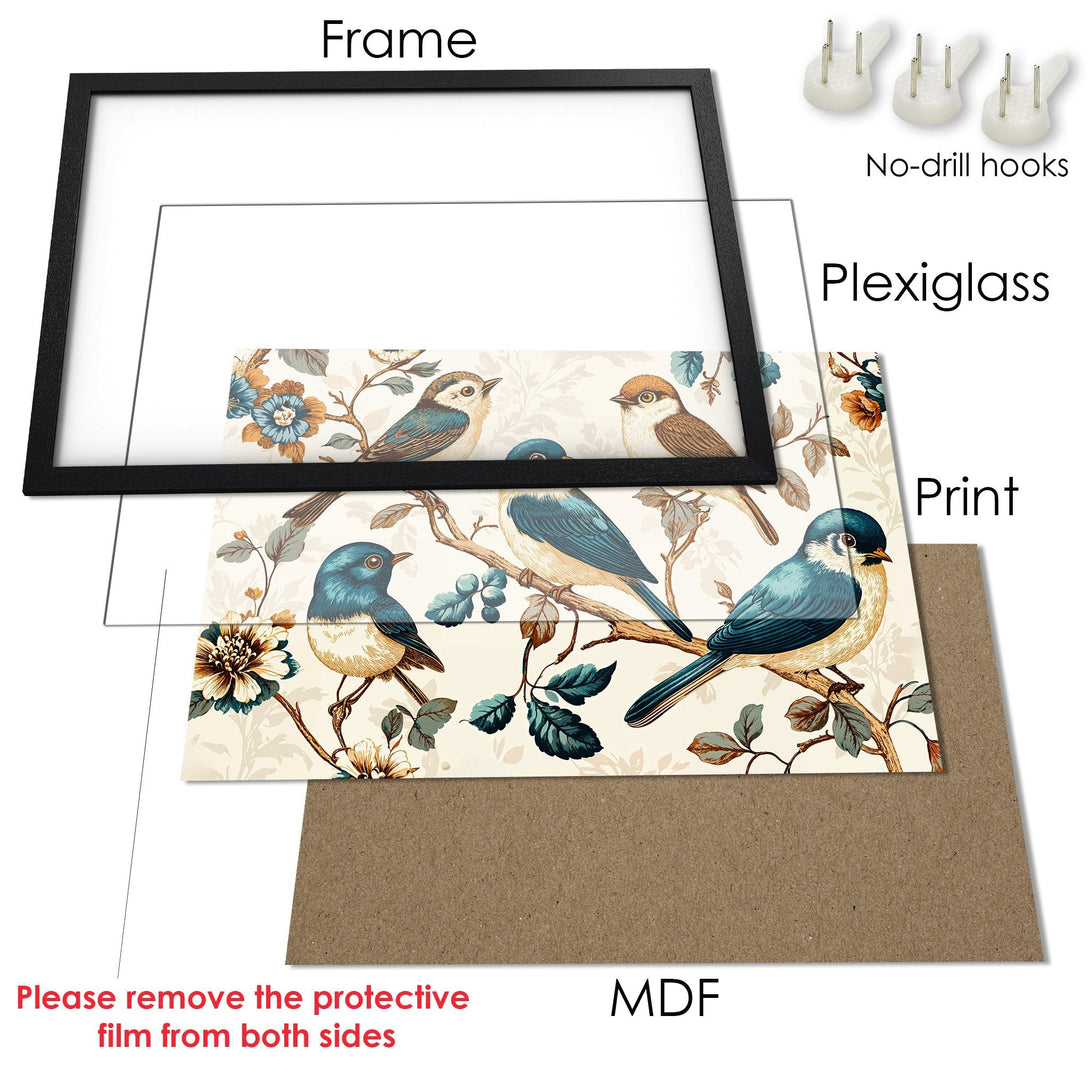 Framed Poster featuring charming birds in a vintage style with a soft blue and beige color palette. Perfect wall art!