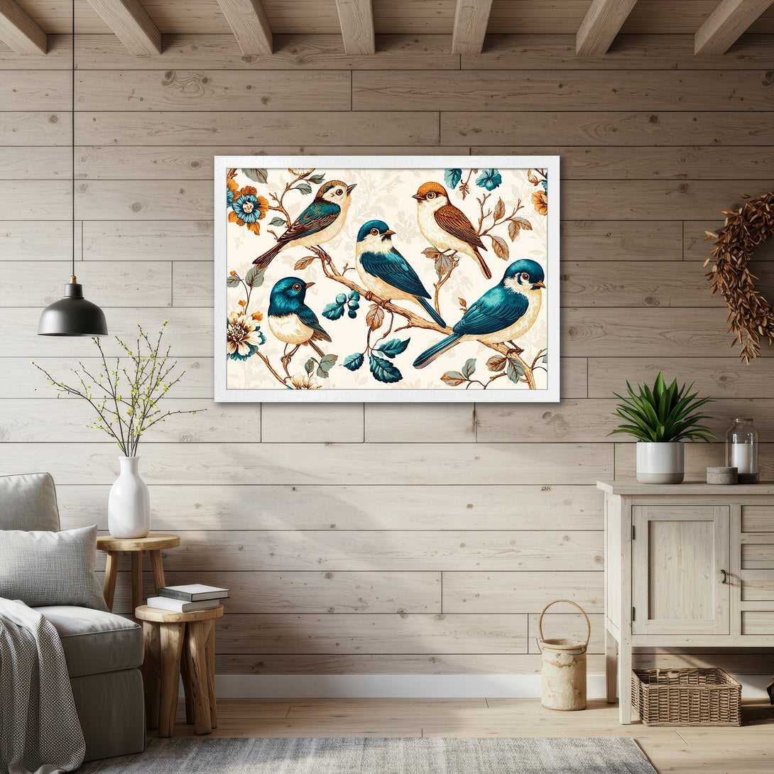Framed Poster featuring vintage-style birds on branches, with a cream, teal, and brown color palette. Perfect for adding a touch of nature to your decor!
