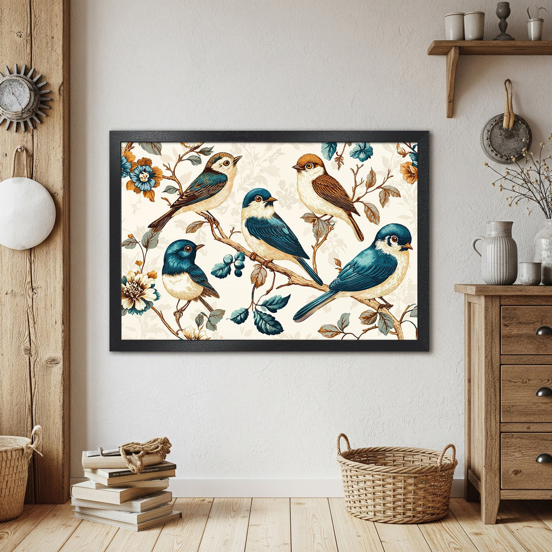 Framed Poster featuring vintage-style birds on branches. Soft blue, brown, and cream color palette. Perfect wall art for any room.