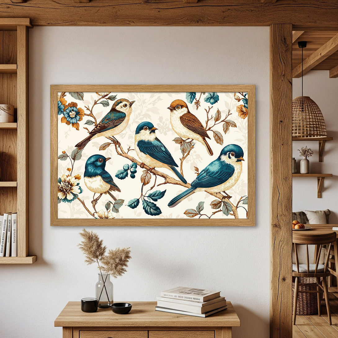 Framed Poster featuring birds on branches, vintage style, with blue, brown, and cream color palette. Add a touch of nature to your home!