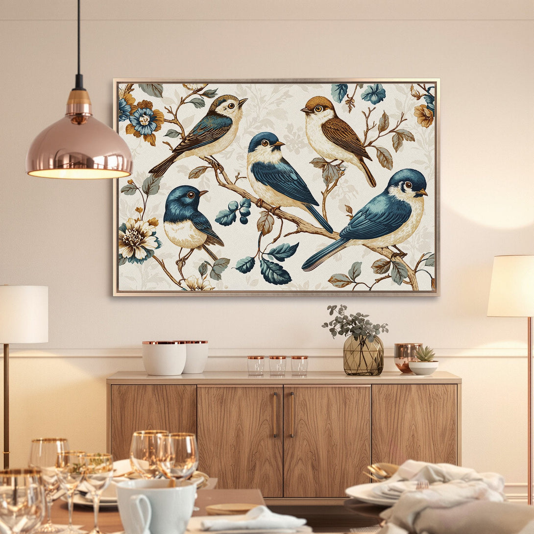 Framed Wall Art: Vintage bird illustration in blue, brown, and cream tones. Perfect for adding a touch of nature and elegance to your home decor.