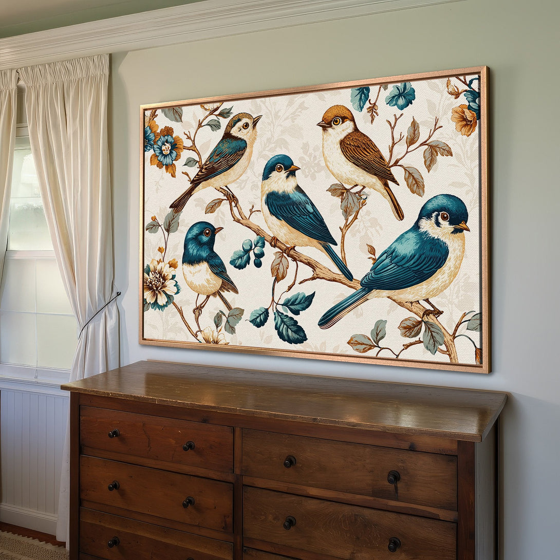 Framed Wall Art: Vintage bird illustration in teal, brown, and cream. Perfect for adding a touch of nature-inspired elegance to your home.