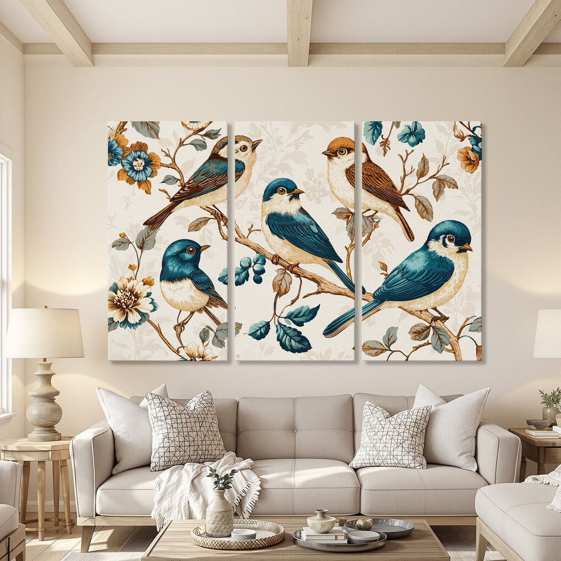 Canvas Print featuring charming birds in teal and brown on a floral background. Adds a touch of vintage elegance to any room.