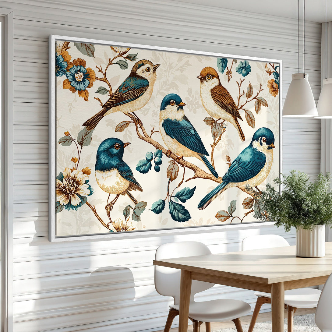 Framed Wall Art featuring charming birds and floral design in teal, brown, and cream tones. Perfect for adding a touch of nature to your home decor.