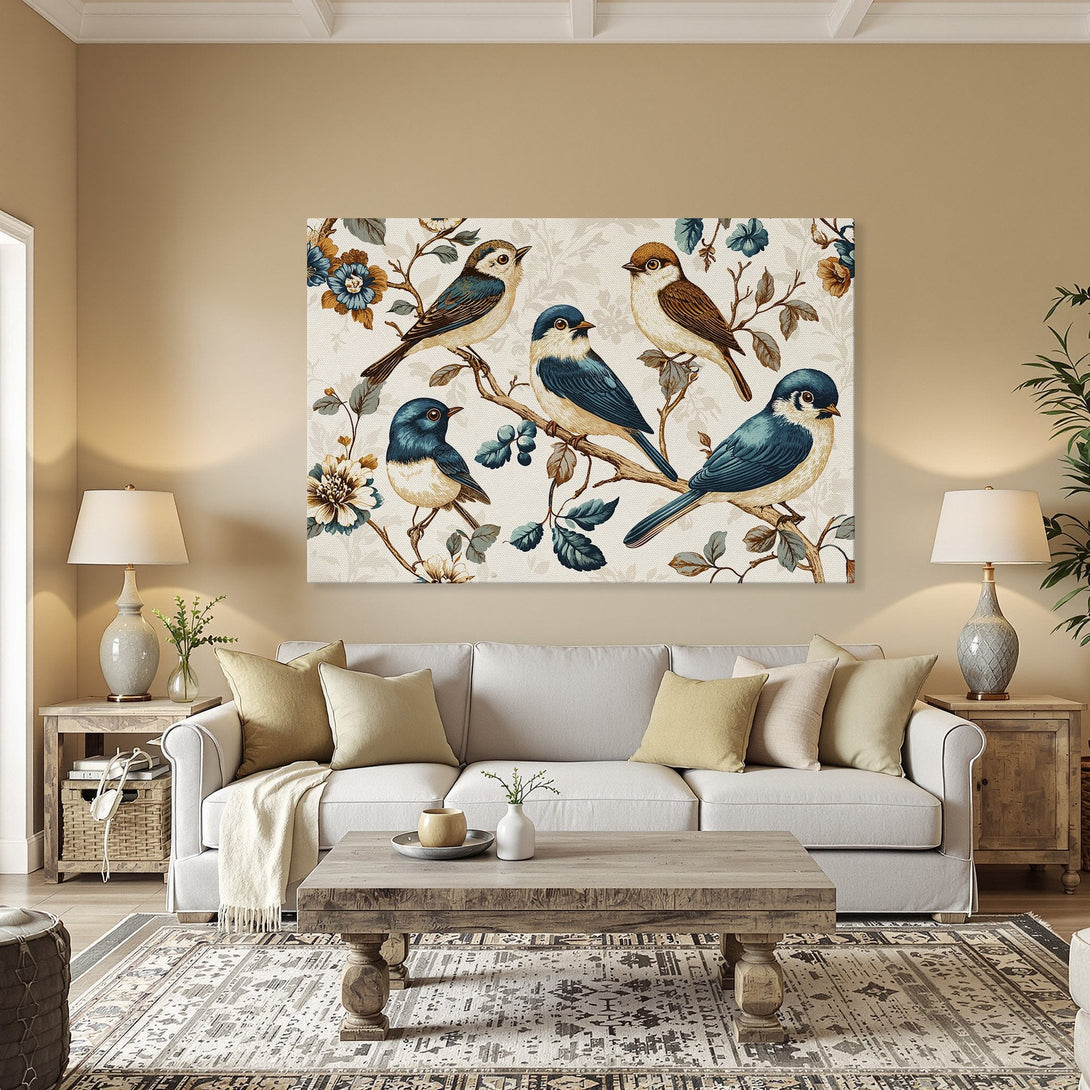 Framed Wall Art featuring vintage-style birds on branches. Earthy tones of blue, brown, and beige create a warm, inviting aesthetic. Perfect for home decor!