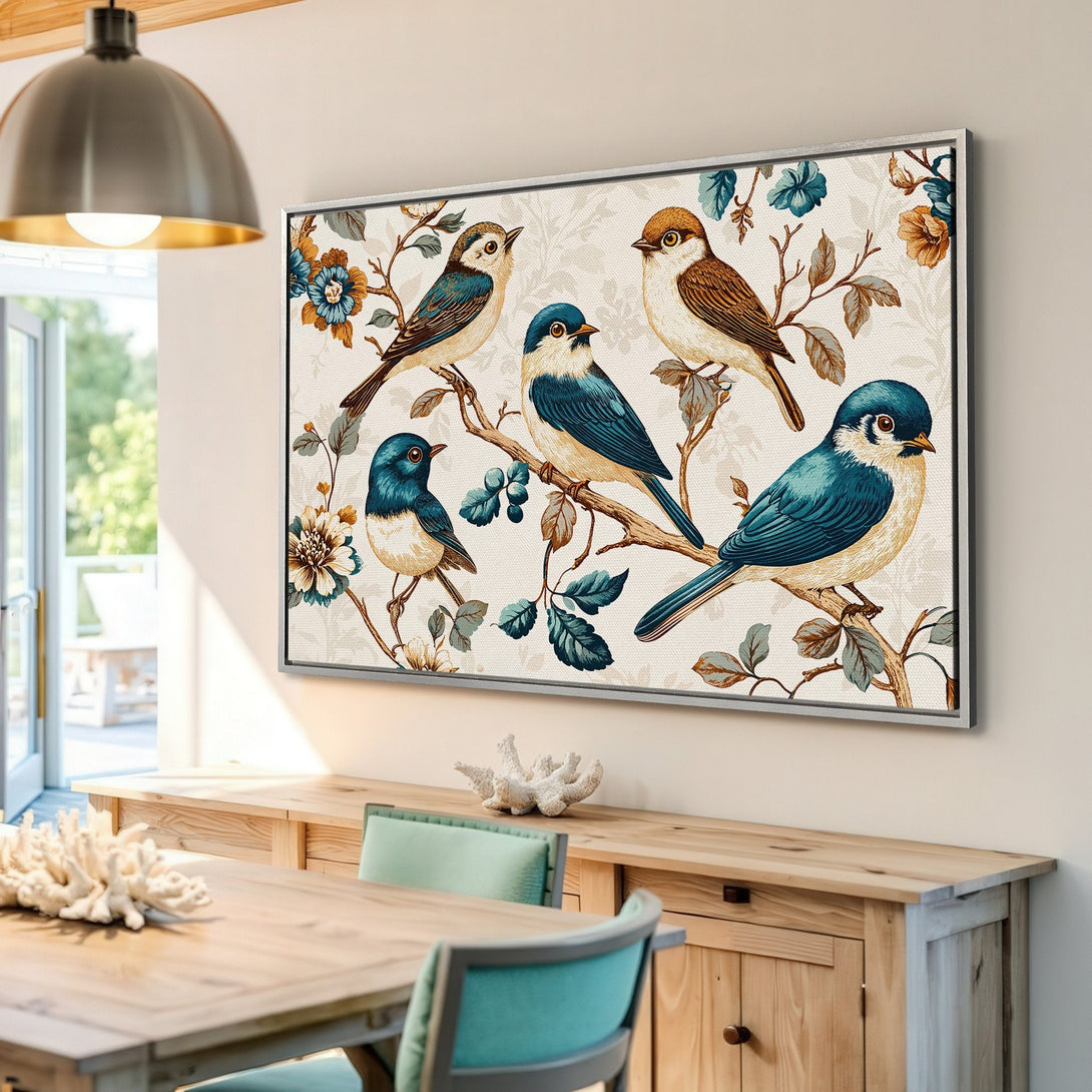 Framed Wall Art: Vintage bird Canvas Print in teal, brown, and beige, perfect for adding a touch of nature to your home.