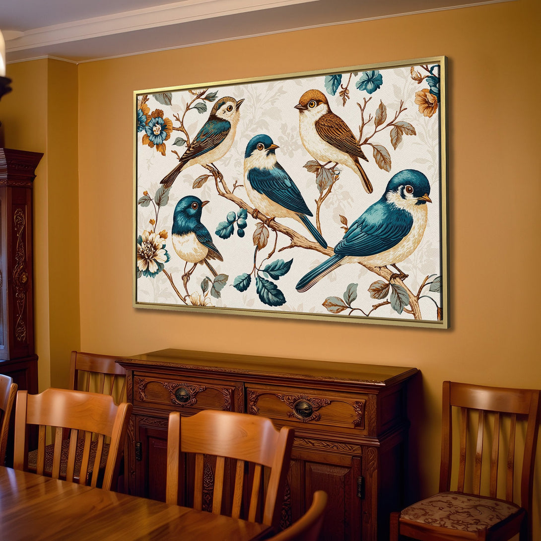 Canvas Print featuring vintage birds on branches in a soft blue and brown palette, perfect for adding a touch of nature to your home decor.