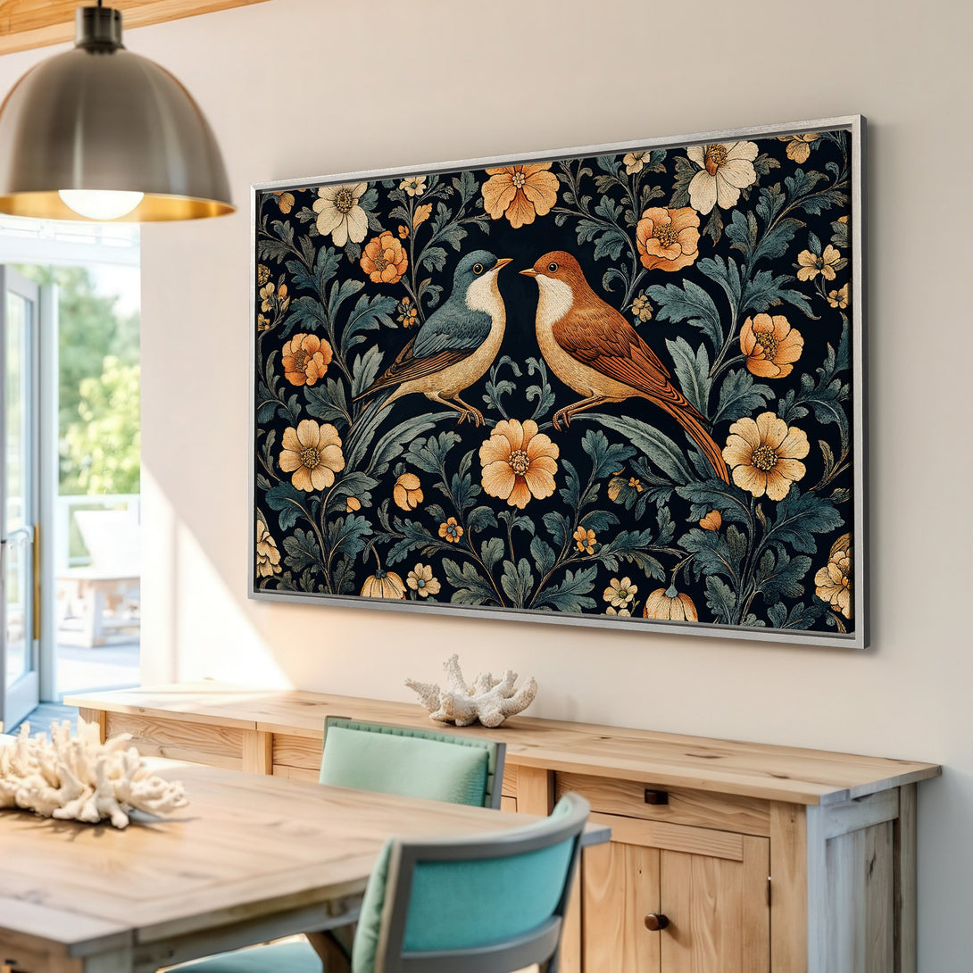 Framed Wall Art: Birds and floral design in a vintage style, featuring a dark blue and gold color palette. Perfect for adding elegance to your home!