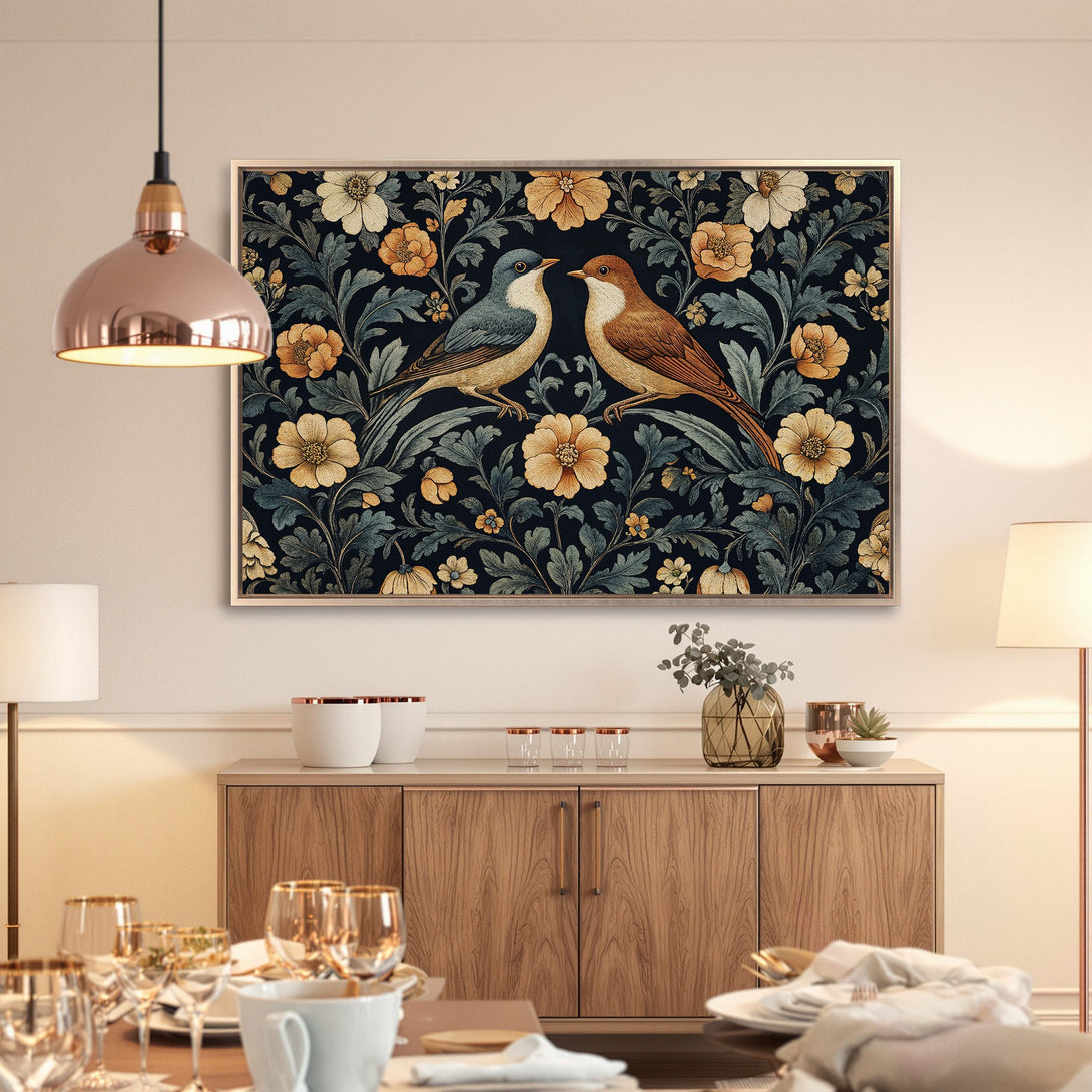 Framed Wall Art featuring birds and floral design in a vintage style. Dark blue and gold color palette. Perfect for adding elegance to your home.