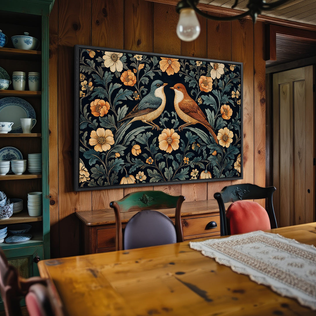 Framed Wall Art featuring birds & floral design in teal, orange, & black. Perfect for adding a touch of vintage charm to your home.