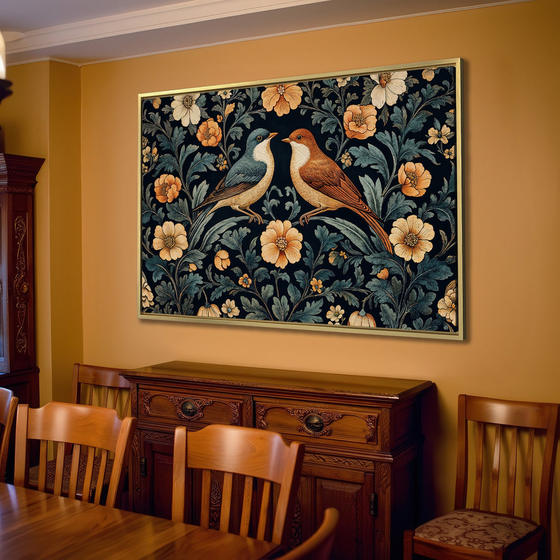 Canvas Print of birds and floral design in a dark blue and gold color palette, perfect for adding a touch of elegance to your home decor.